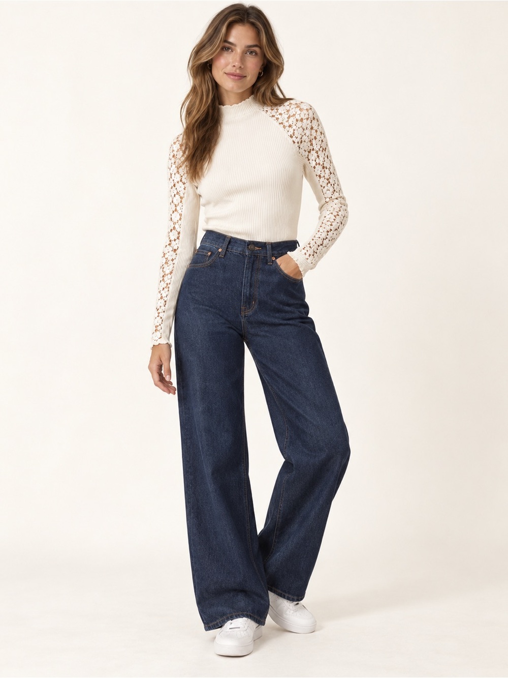 Free People Ivory Ribbed Top with Floral Lace Sleeves | Size S